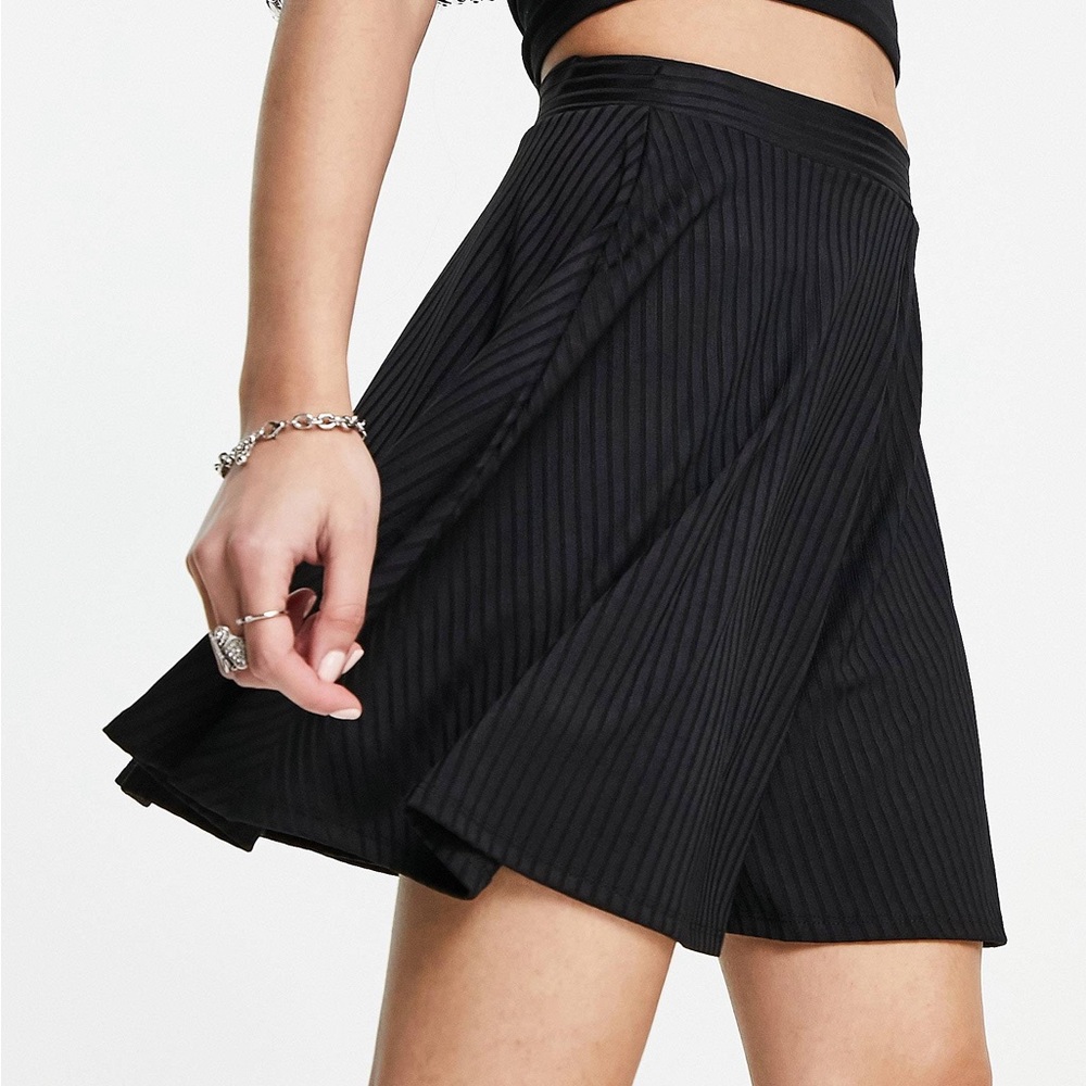 Black Ribbed A-Line Skater Mini Skirt Flowy Stretchy High Waist Large